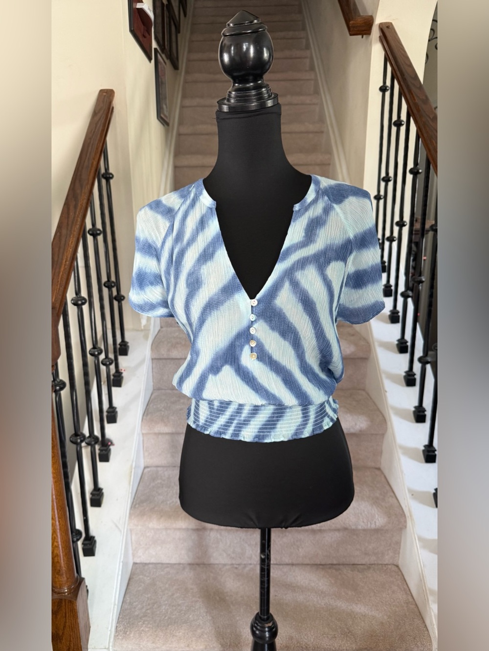 Rails Blue Tie-Dye V-Neck Smocked Button Top